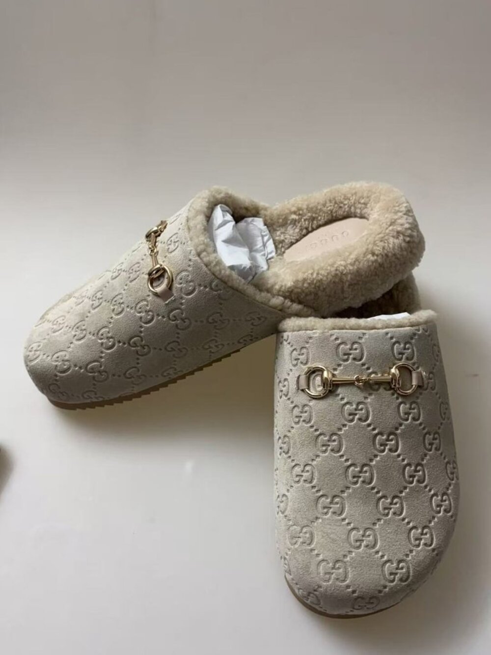 Horsebit Gucci GG Suede Shearling Mules